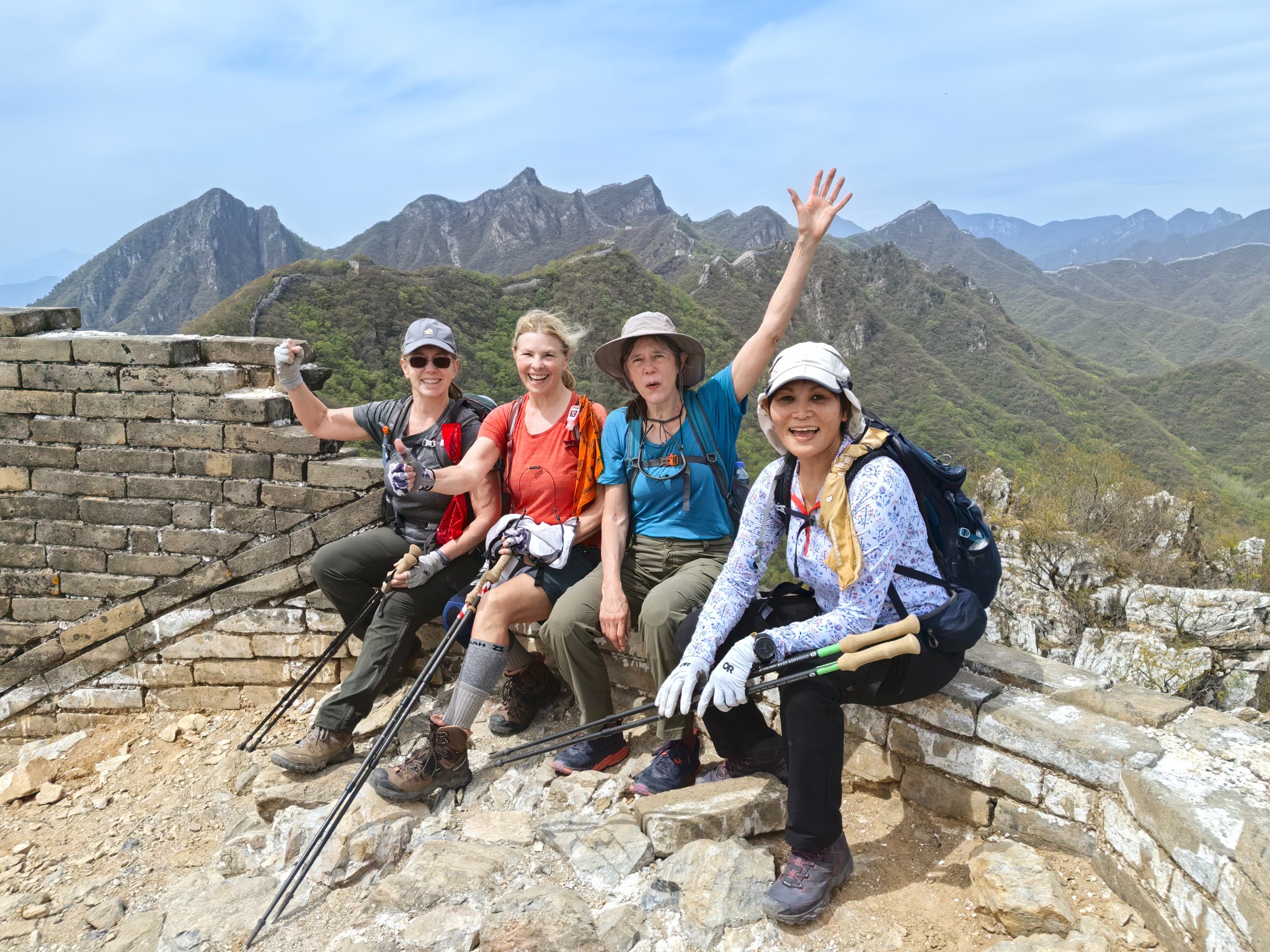 Great Wall trekking group on a remote mountain ridge